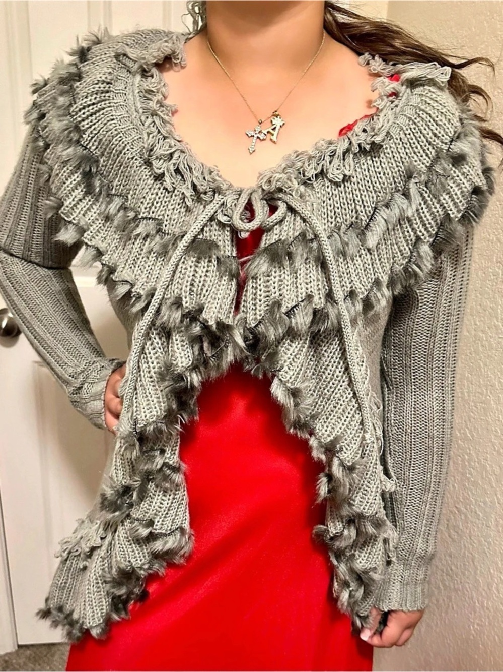 LAPIS Fringe Knit Cardigan in Gray Size Large Like New